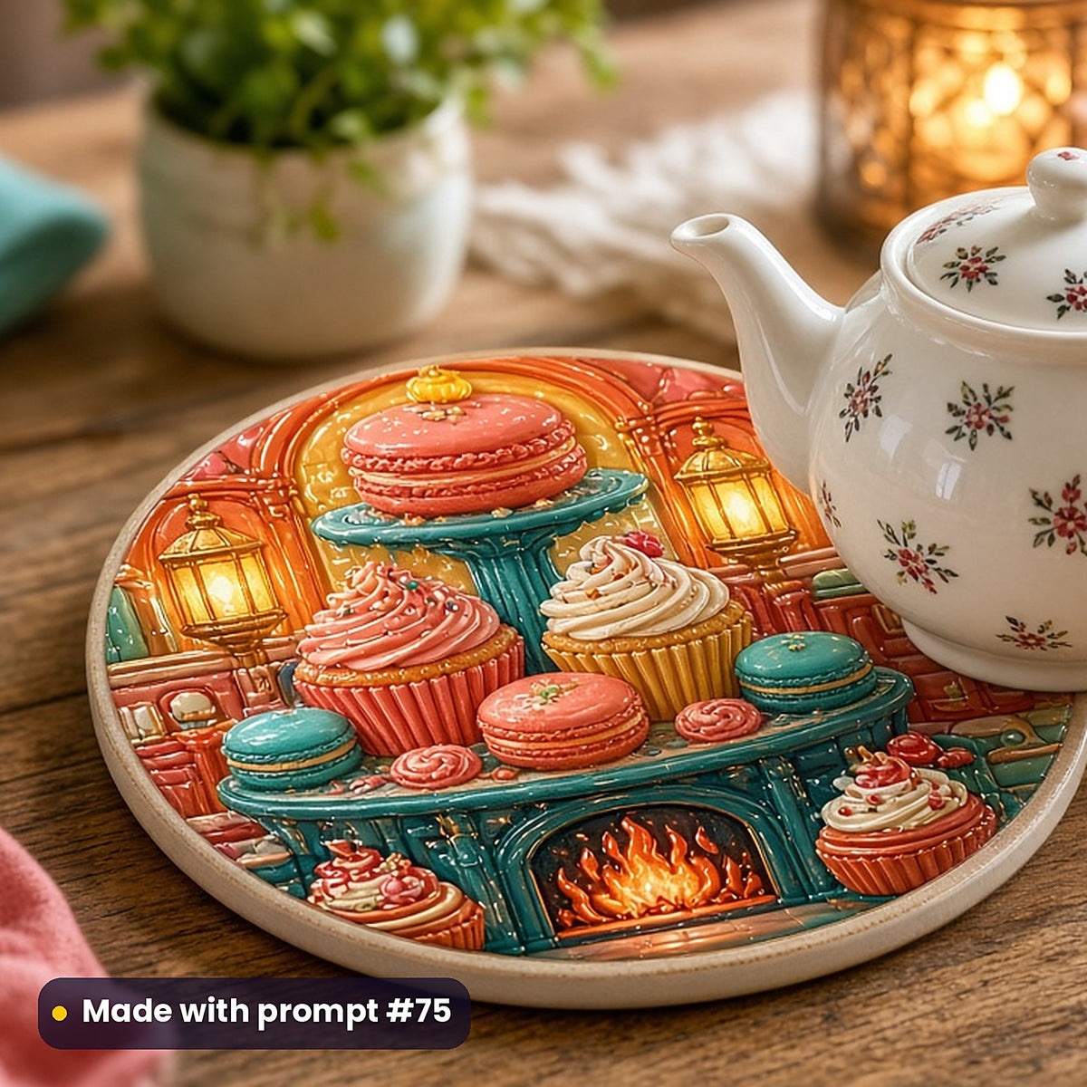500 Baking Art Prompts Library: Made with prompt #75 – realistic UV-printed mockup (Vintage Retro — Fire and Light)