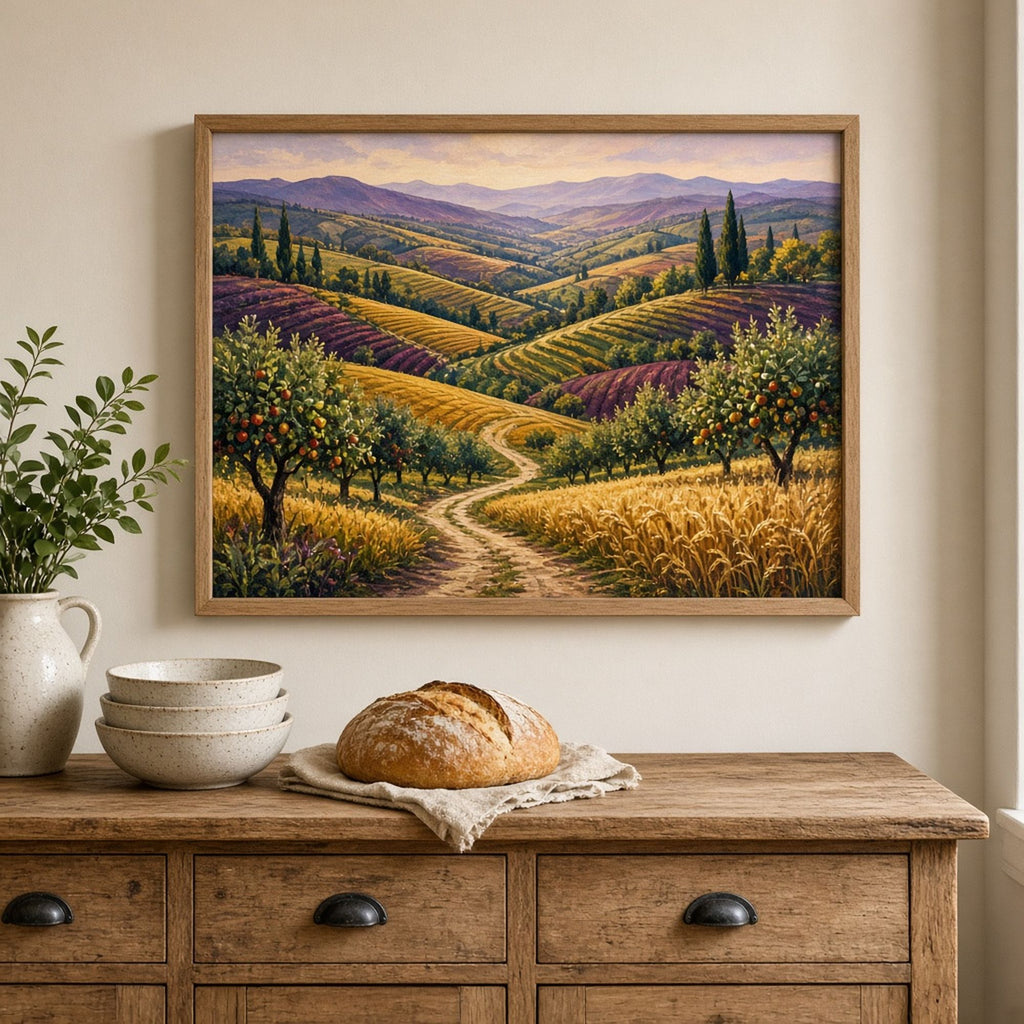 Luxury panoramic landscape of golden wheat fields, apple orchards and a winding farm path over layered purple hills printed flat on a framed print in a farmhouse kitchen, made with prompt #9