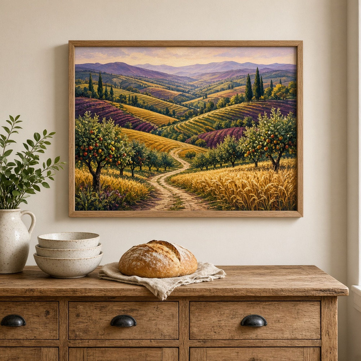 Luxury panoramic landscape of golden wheat fields, apple orchards and a winding farm path over layered purple hills printed flat on a framed print in a farmhouse kitchen, made with prompt #9