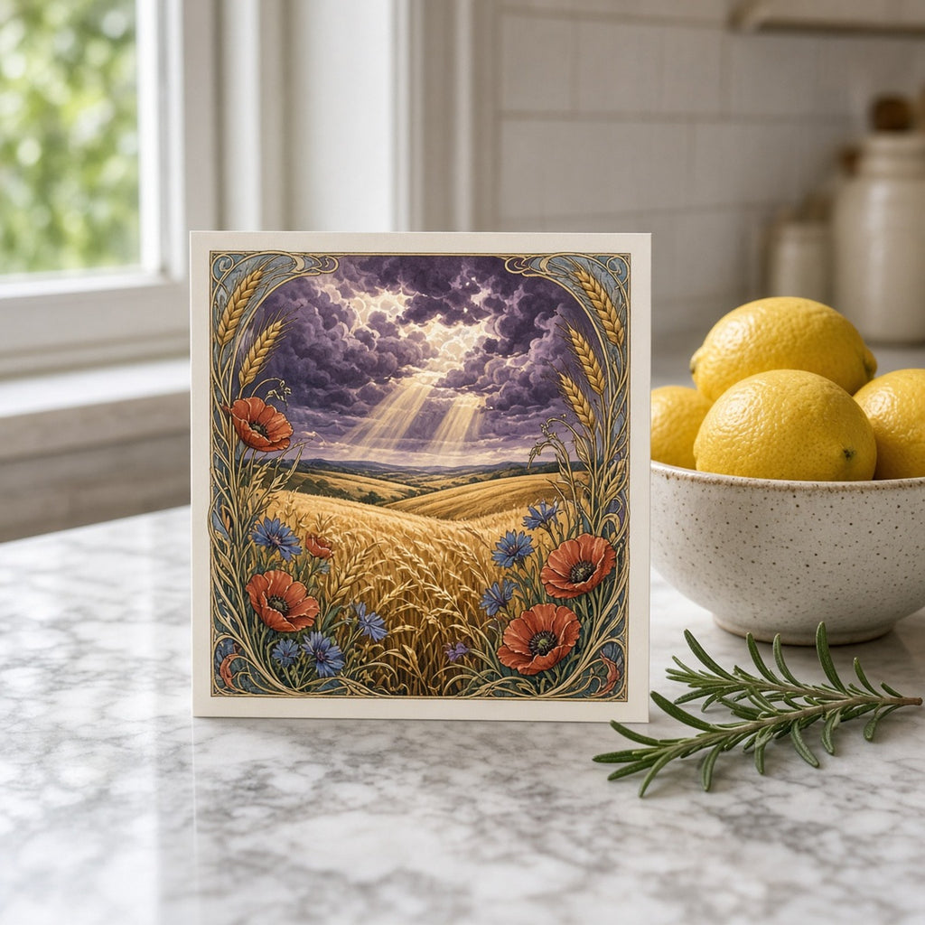 Art nouveau storm approaching over a golden wheat field framed by poppies, cornflowers and wheat ears printed flat on a greeting card, made with prompt #46