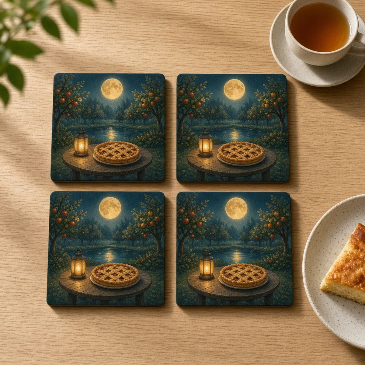 Moonlit orchard with a lattice fruit pie and glowing lantern on a garden table beside a moonlit pond printed flat on a set of four coasters, made with prompt #84
