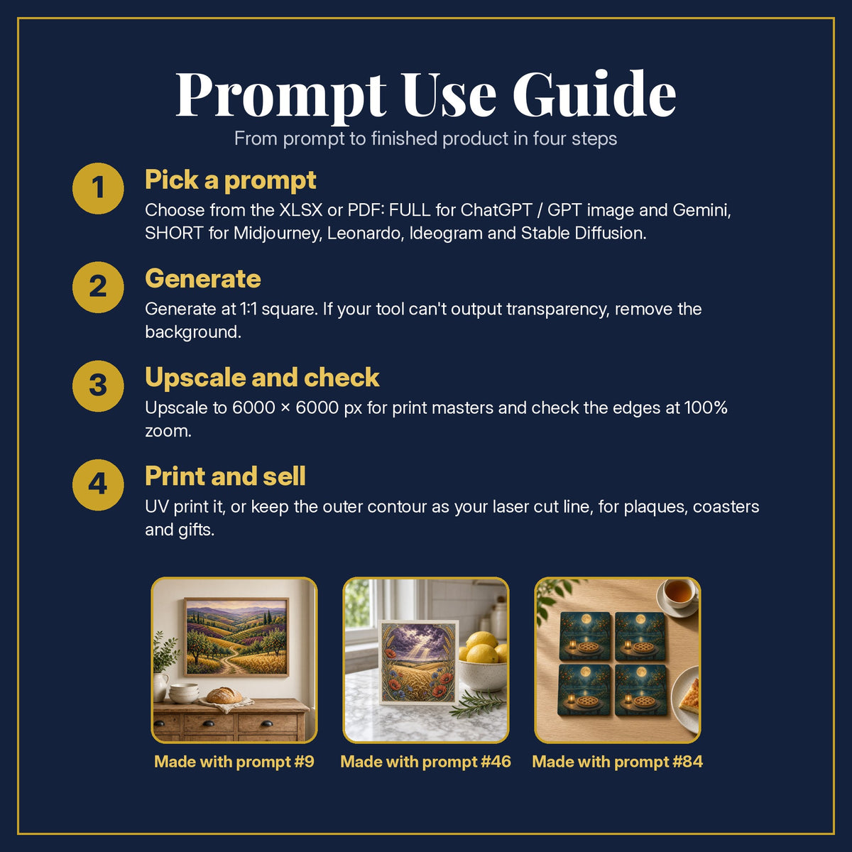 Prompt Use Guide for the Cookbooks and Baking, Luxury & Decorative Collection: pick a prompt, generate, upscale and check, print and sell, with sample products made with the pack's prompts