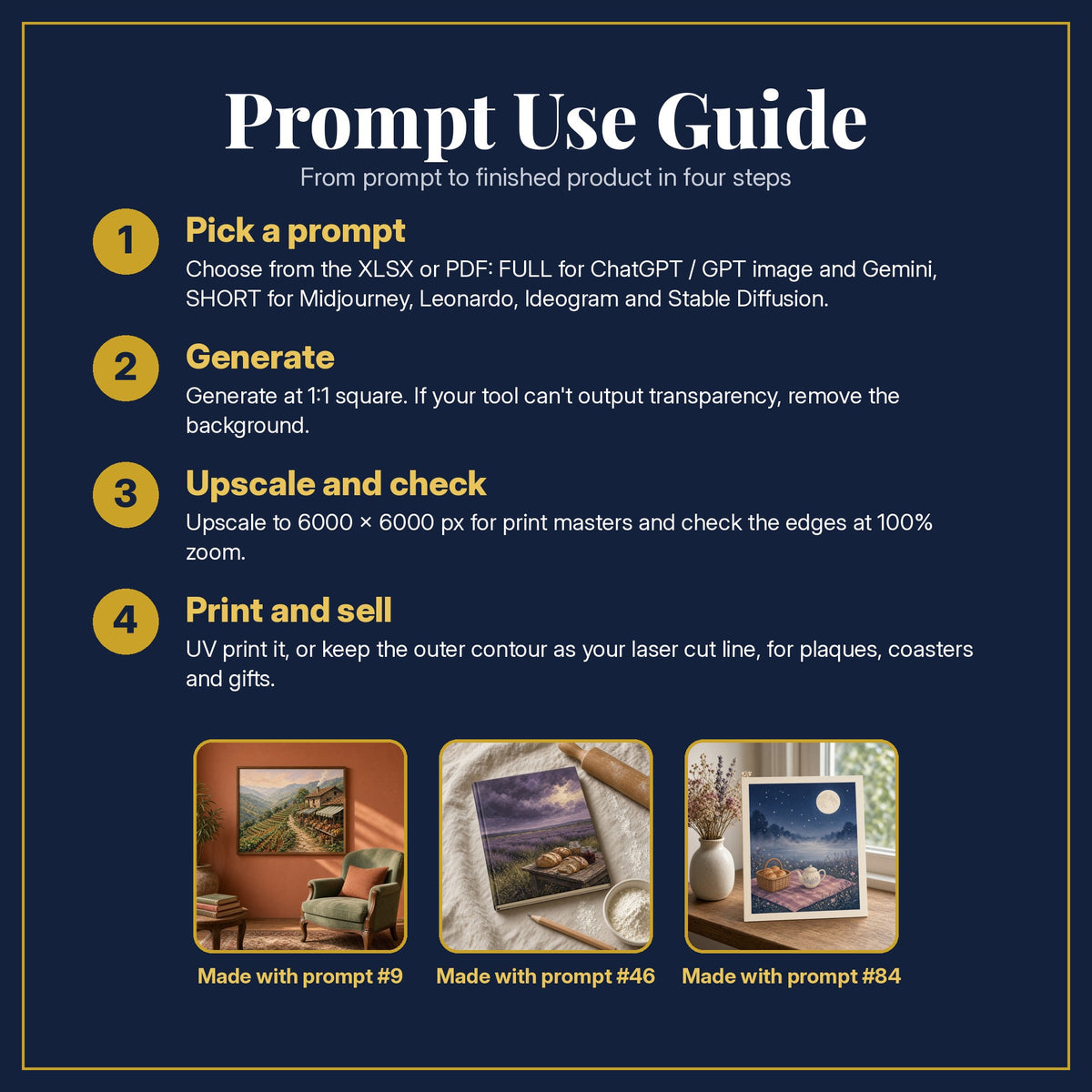 Prompt Use Guide for the Cookbooks and Baking, Painterly & Handmade Collection: pick a prompt, generate, upscale and check, print and sell, with sample products made with the pack's prompts