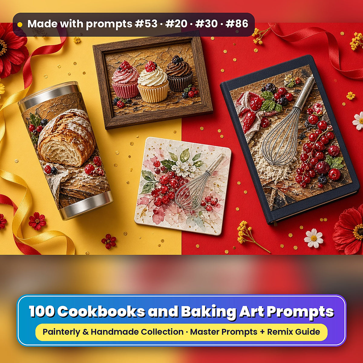 Cookbooks and Baking, Painterly & Handmade Collection: realistic UV-printed mockup, made with prompts #53 · #20 · #30 · #86