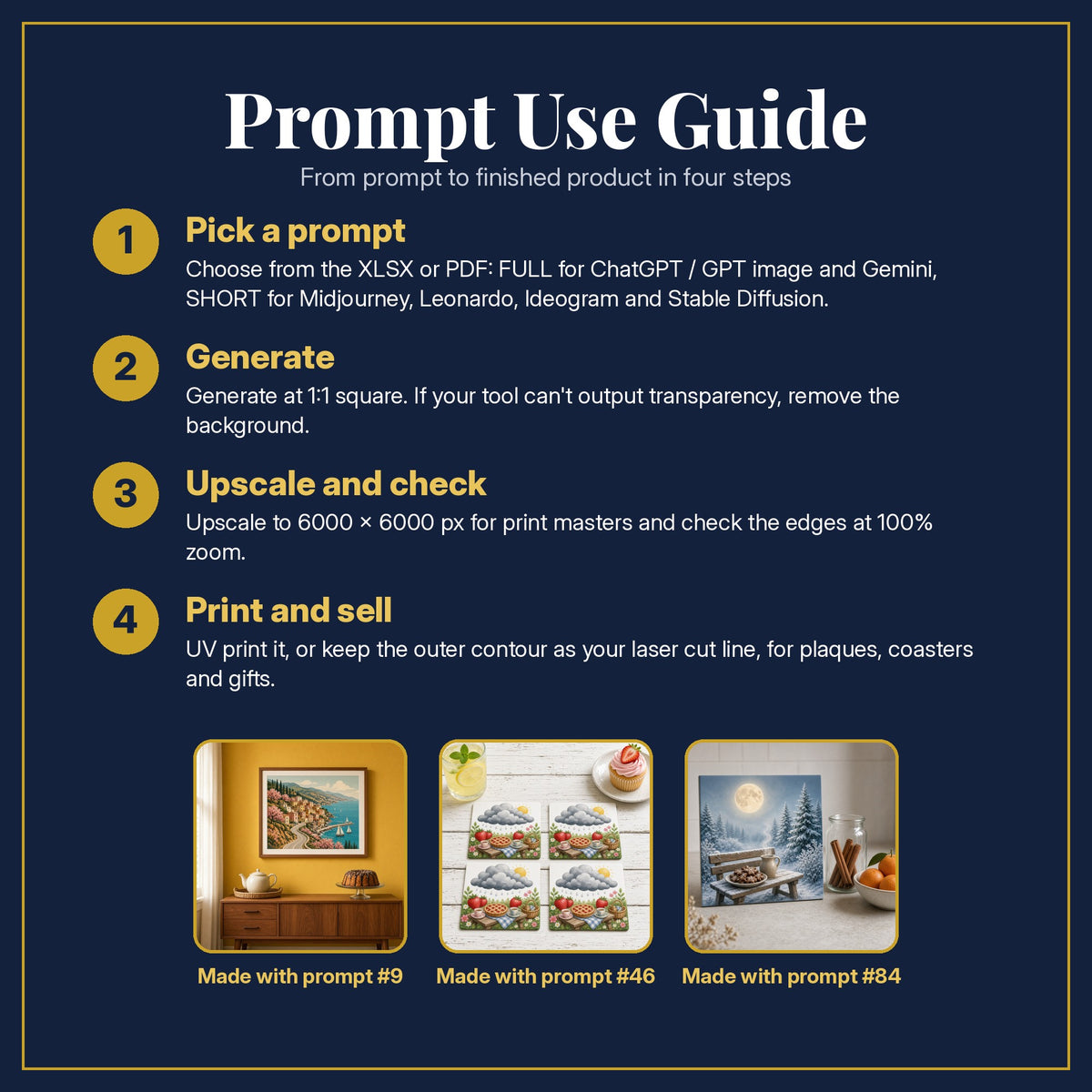 Prompt Use Guide for the Cookbooks and Baking, Vintage & Whimsical Collection: pick a prompt, generate, upscale and check, print and sell, with sample products made with the pack's prompts