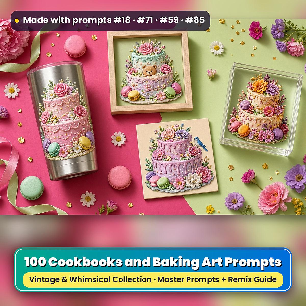 Cookbooks and Baking, Vintage & Whimsical Collection: realistic UV-printed mockup, made with prompts #18 · #71 · #59 · #85