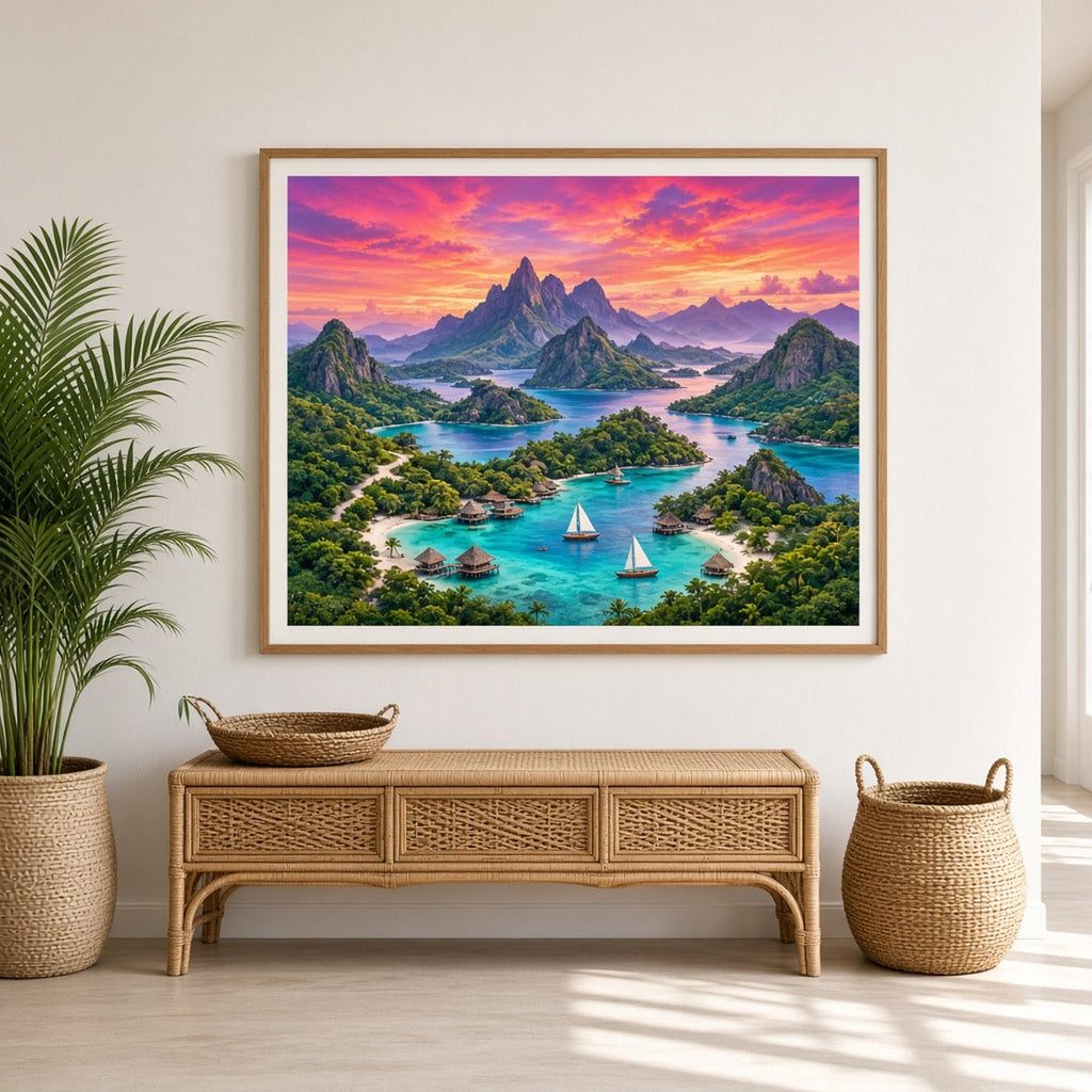 Bold-colour panoramic tropical archipelago with turquoise lagoons, stilted huts and sailing boats under a magenta sunset printed flat on a framed print in a hallway, made with prompt #9
