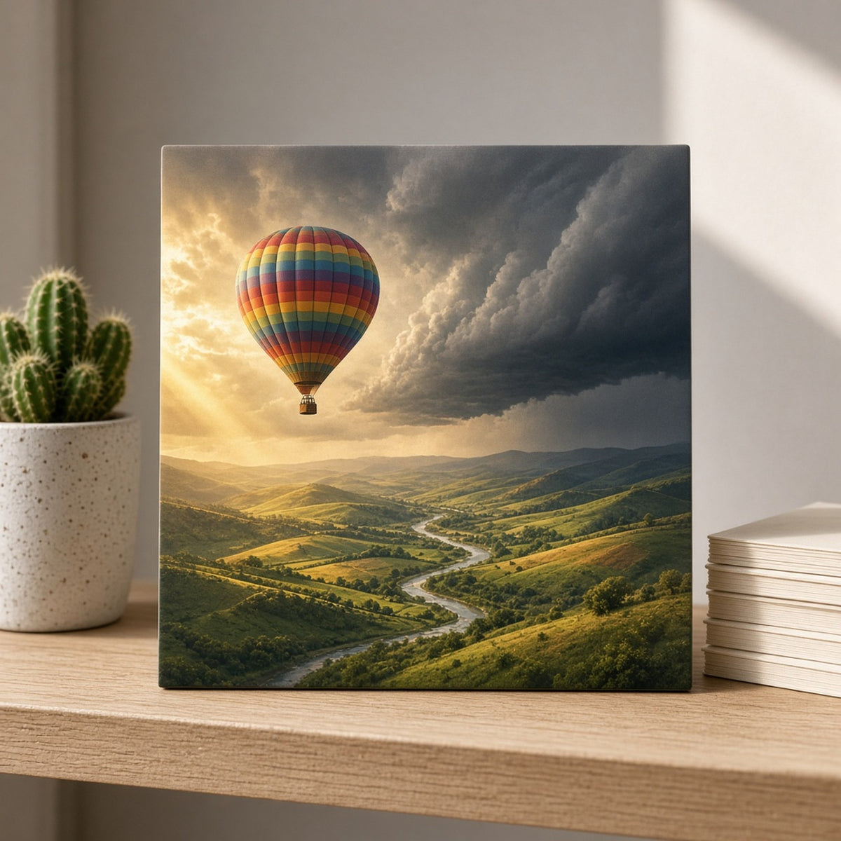 Cinematic striped hot-air balloon over green hills and a winding river as a storm front approaches printed flat on a ceramic tile, made with prompt #46