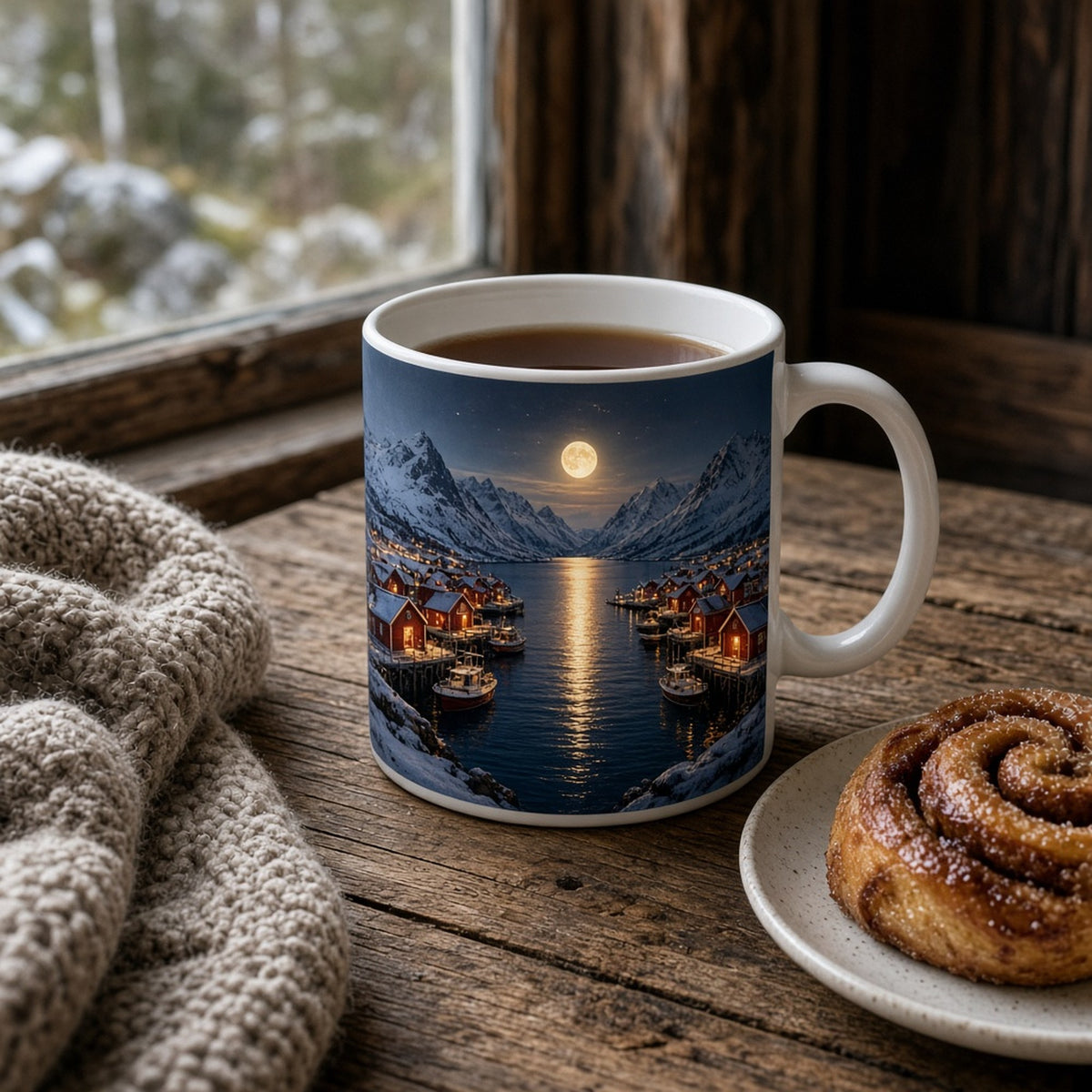Moonlit fjord fishing village with red wooden houses, moored boats and snowy peaks printed flat on a mug, made with prompt #84