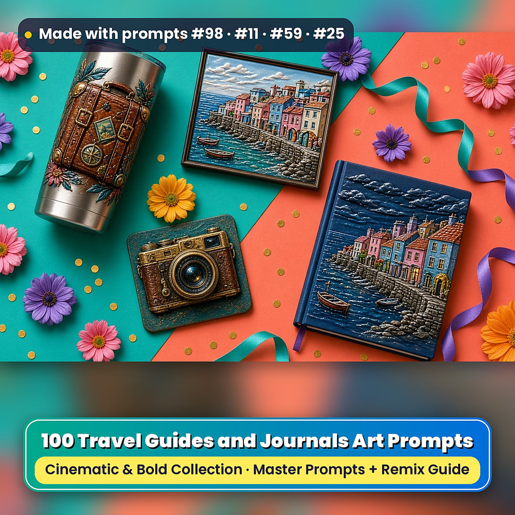 Travel Guides and Journals, Cinematic & Bold Collection: realistic UV-printed mockup, made with prompts #98 · #11 · #59 · #25