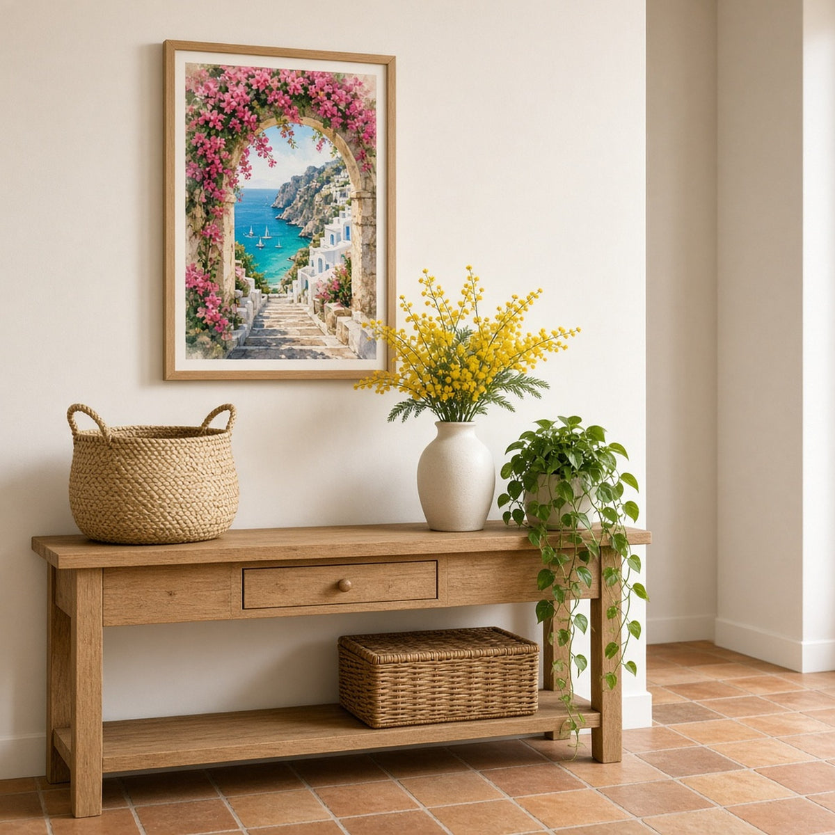 Luxury stone archway draped in pink bougainvillea opening onto sunny steps down to a turquoise sea cove with white houses and sailing boats printed flat on a framed print in a hallway, made with prompt #41