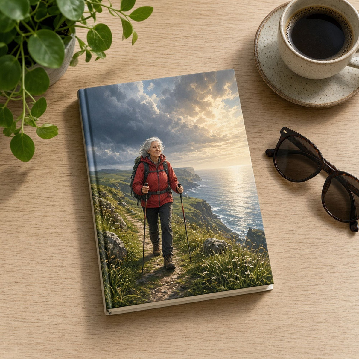 Illustrated grey-haired woman hiker in a red jacket on a coastal clifftop path as a storm rolls in over the sea printed flat on a notebook cover, made with prompt #226