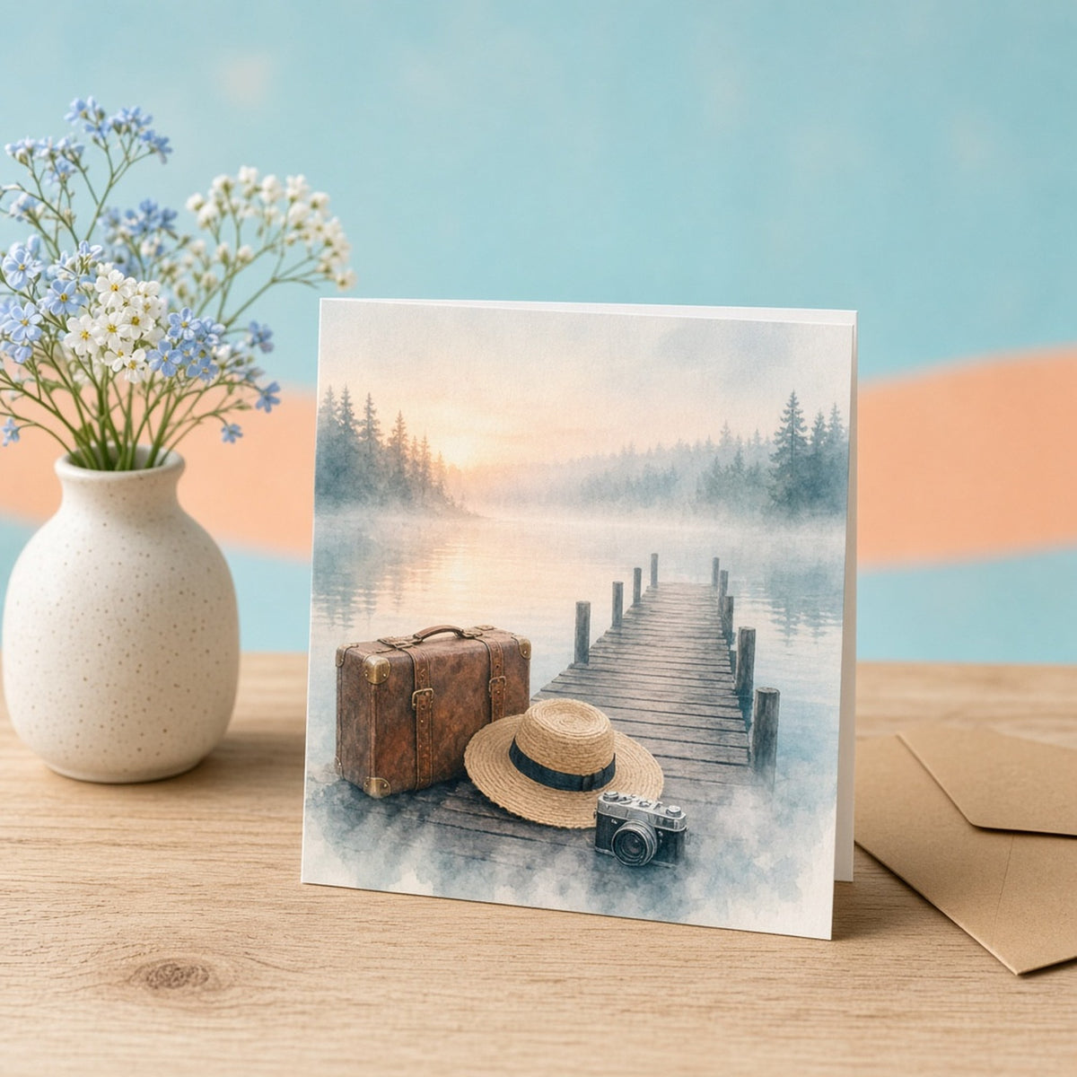Misty lakeside jetty at dawn with an old leather suitcase, a straw sun hat and a vintage camera printed flat on a greeting card, made with prompt #416
