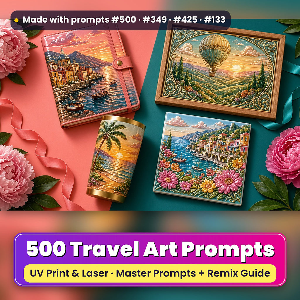 500 Travel Art Prompts Library: Made with prompts #500 · #349 · #425 · #133 – realistic UV-printed mockup