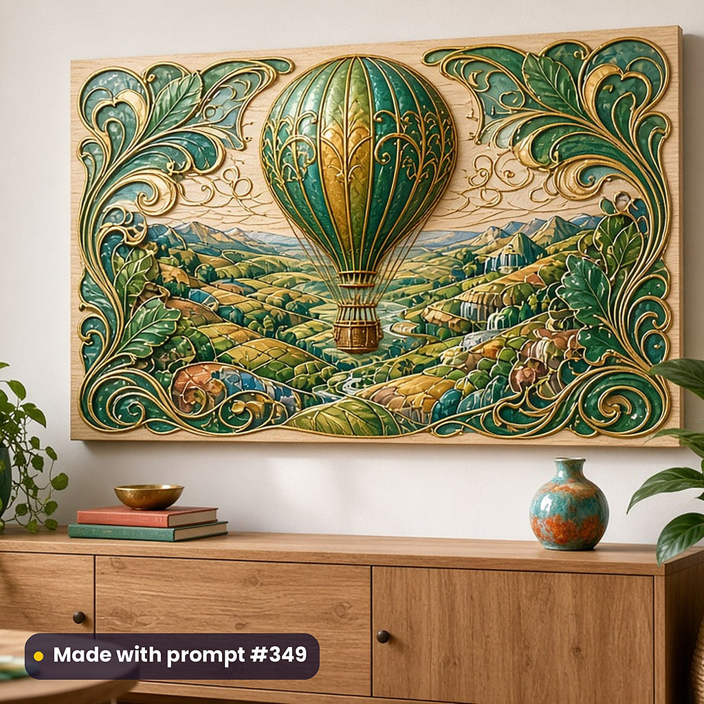 500 Travel Art Prompts Library: Made with prompt #349 – realistic UV-printed mockup (Art Nouveau — Panoramic World)