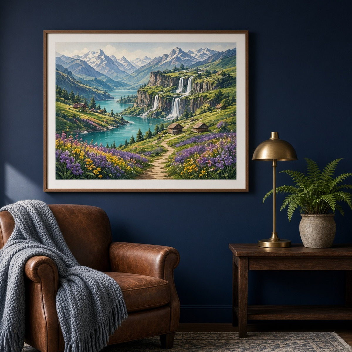 Jewel-toned panoramic alpine valley with turquoise lakes, waterfalls, wildflower meadows and wooden huts along a winding trail printed flat on a framed print in a sitting room, made with prompt #9