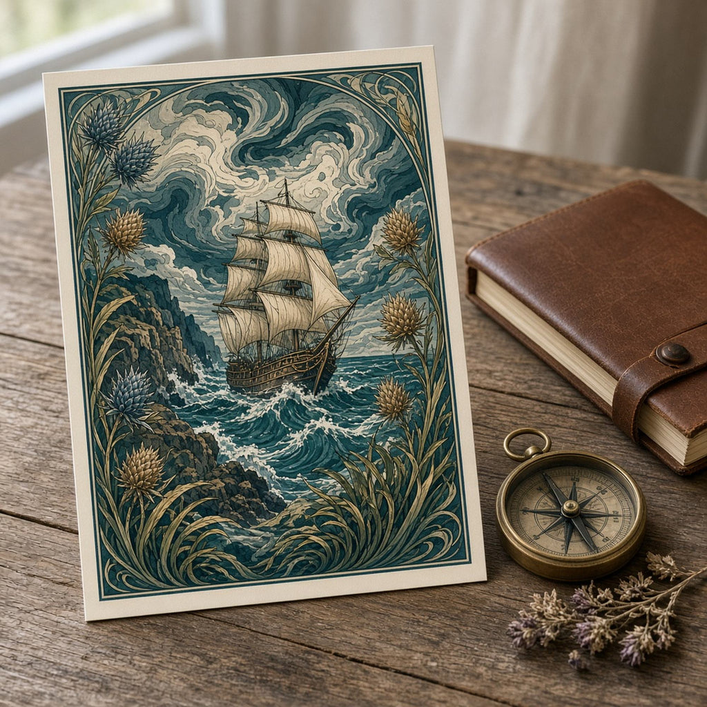 Art nouveau storm approaching a rocky coast with a tall sailing ship on teal waves, framed by sea holly and seagrass printed flat on a greeting card, made with prompt #46