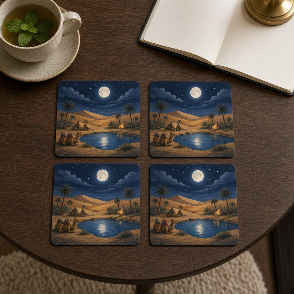 Moonlit desert oasis with tents, palms, resting camels and a pool reflecting the full moon printed flat on a set of four coasters, made with prompt #84