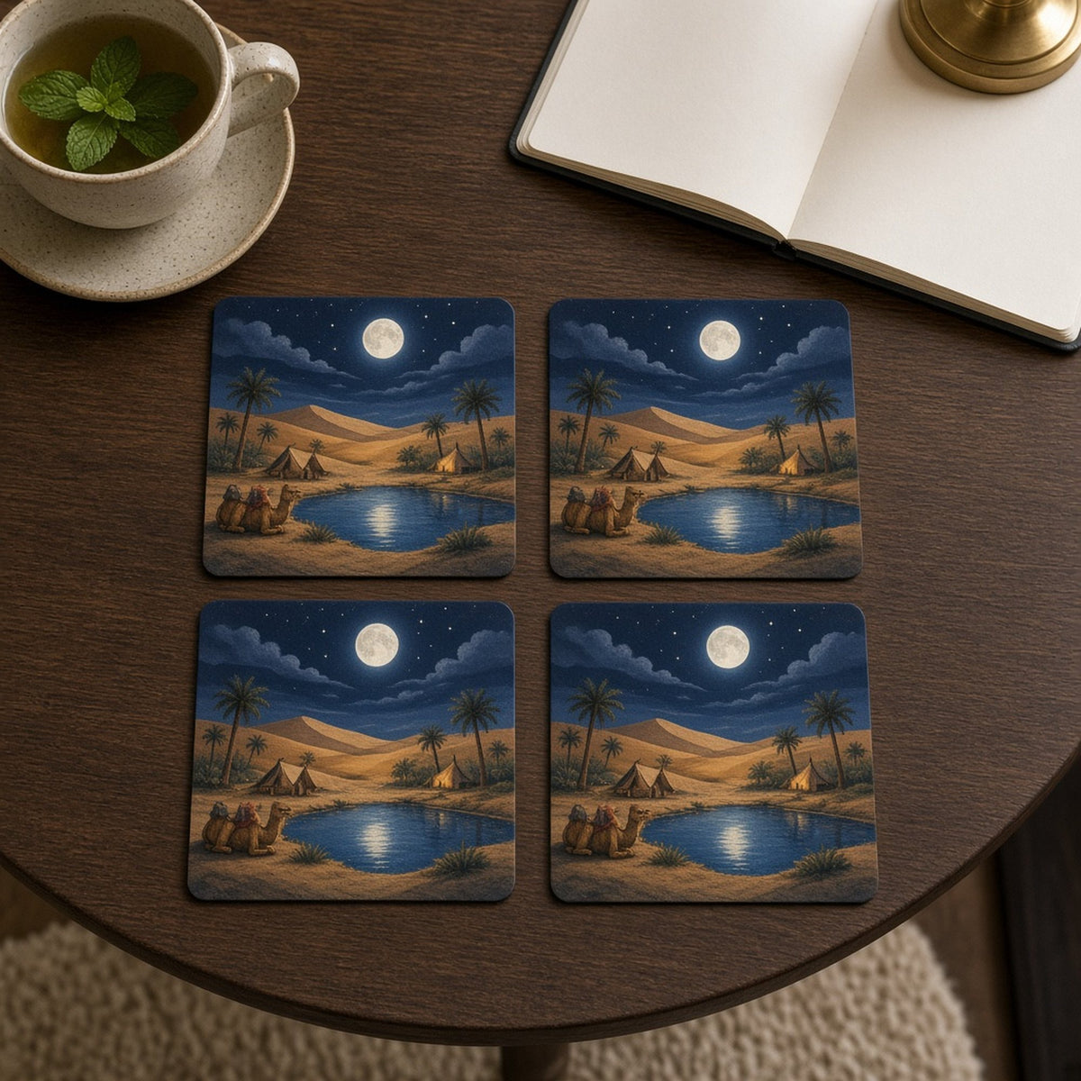 Moonlit desert oasis with tents, palms, resting camels and a pool reflecting the full moon printed flat on a set of four coasters, made with prompt #84