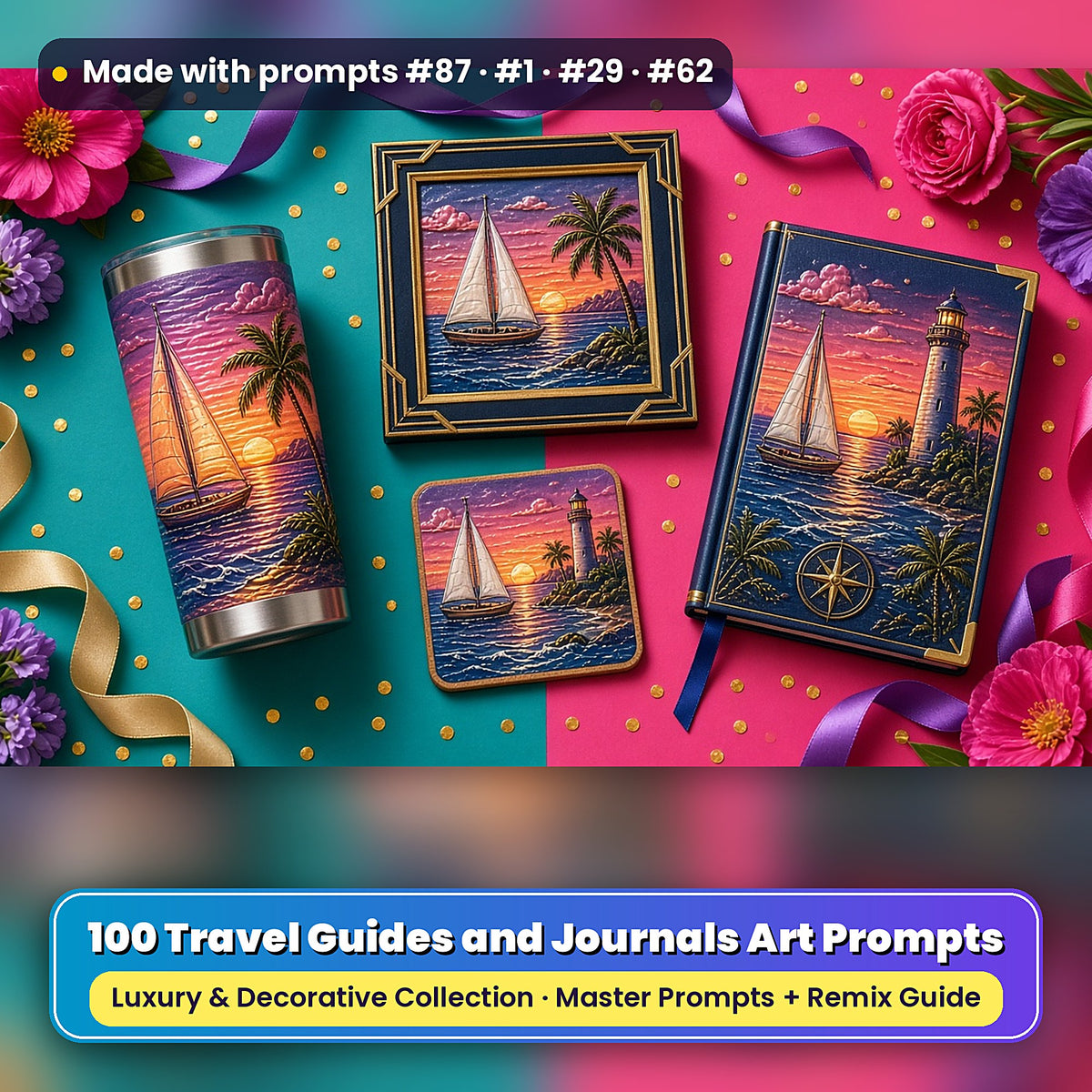 Travel Guides and Journals, Luxury & Decorative Collection: realistic UV-printed mockup, made with prompts #87 · #1 · #29 · #62