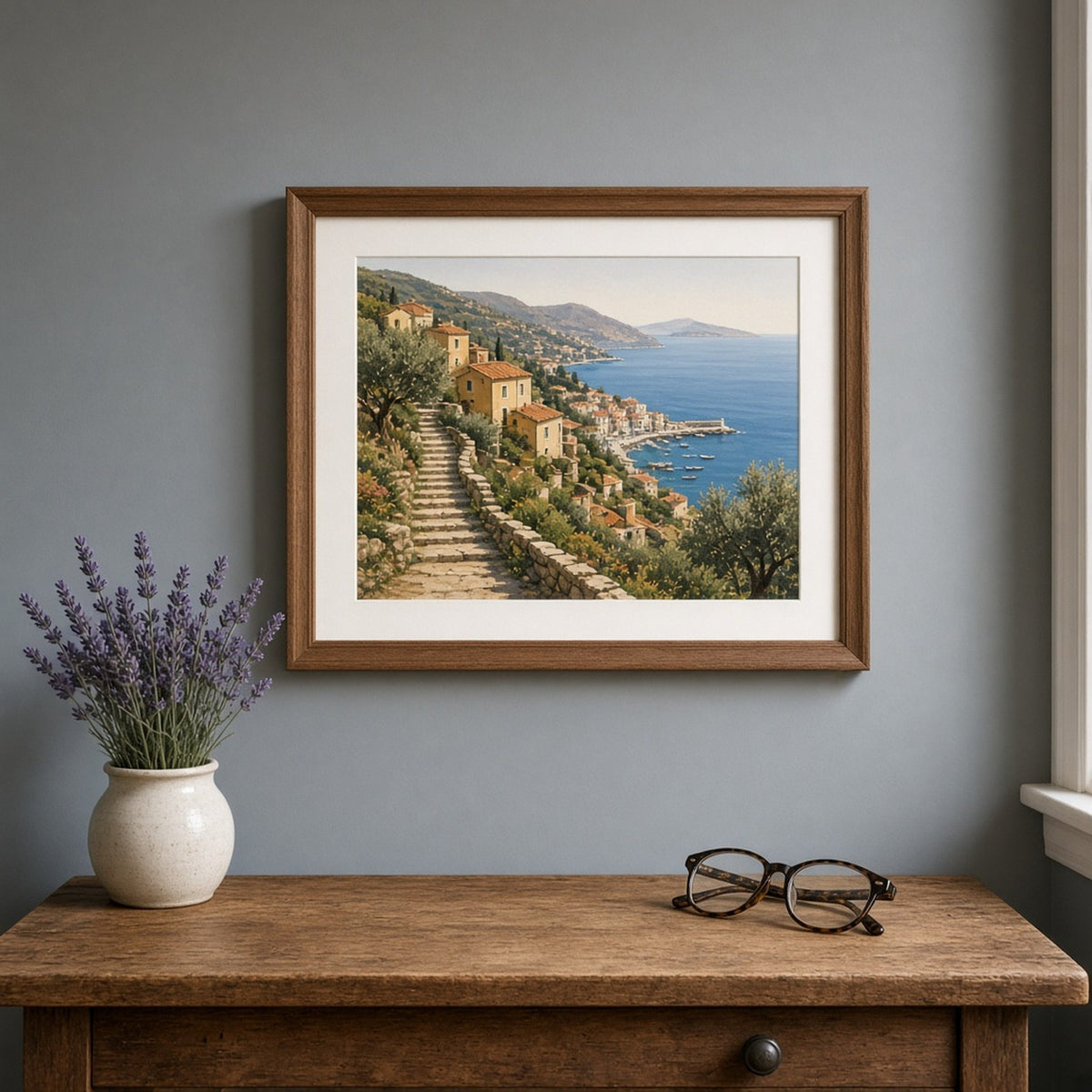 Artisan painted panoramic Mediterranean hillside with stone stairways, olive groves, terracotta cottages and a small harbour printed flat on a framed print above a writing desk, made with prompt #9