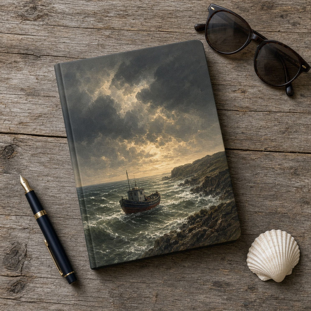 Oil-painting storm approaching a rocky headland as a small fishing boat heads home over green waves printed flat on a notebook cover, made with prompt #46