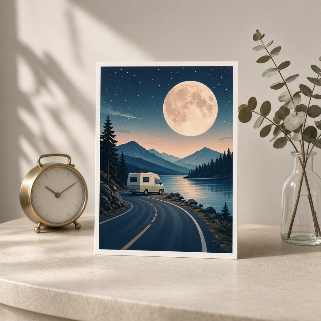 Moonlit lakeside mountain road with a small camper van under a huge full moon printed flat on a greeting card, made with prompt #84
