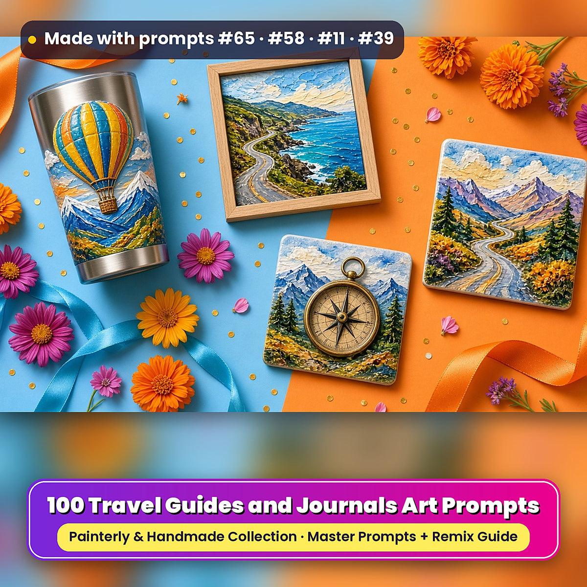 Travel Guides and Journals, Painterly & Handmade Collection: realistic UV-printed mockup, made with prompts #65 · #58 · #11 · #39
