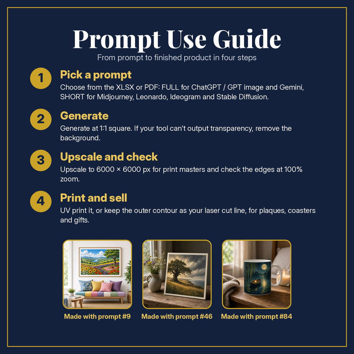 Prompt Use Guide for the Guest Books and Keepsakes, Cinematic & Bold Collection: pick a prompt, generate, upscale and check, print and sell, with sample products made with the pack's prompts
