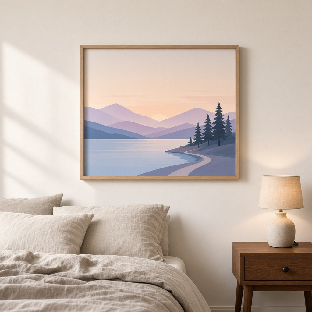 Modern minimal panoramic lake with layered lilac mountains, small pines and a shoreline path at sunrise printed flat on a framed print in a bedroom, made with prompt #9