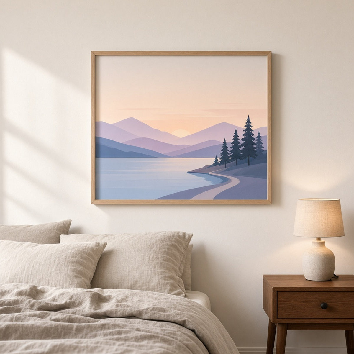 Modern minimal panoramic lake with layered lilac mountains, small pines and a shoreline path at sunrise printed flat on a framed print in a bedroom, made with prompt #9