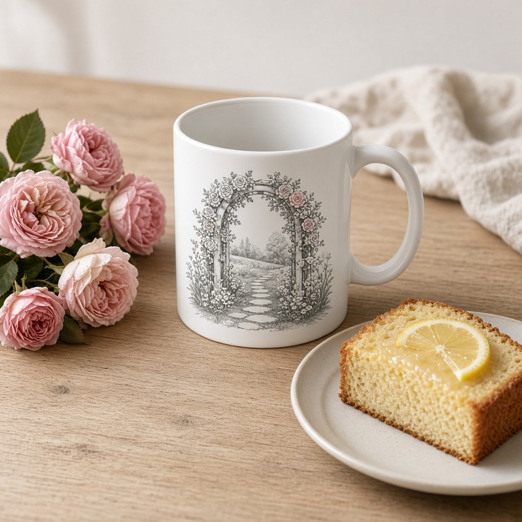 Monochrome rose-covered garden arch over a stepping-stone path into a sunlit meadow printed flat on a mug, made with prompt #21
