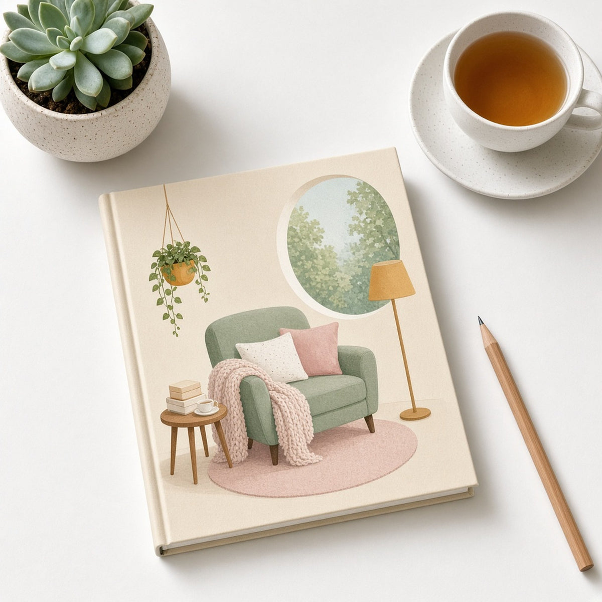 Modern minimal reading nook with a sage armchair, knitted throw, keepsake boxes, a hanging plant and a round garden window printed flat on a notebook cover, made with prompt #2