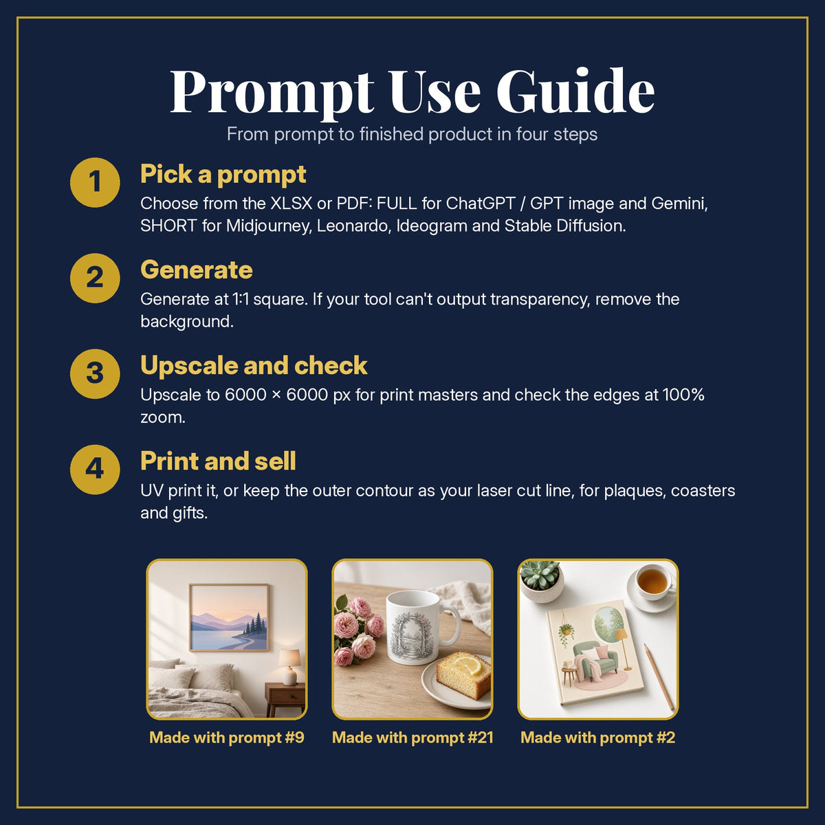 Prompt Use Guide for the Guest Books and Keepsakes, Clean & Graphic Collection: pick a prompt, generate, upscale and check, print and sell, with sample products made with the pack's prompts