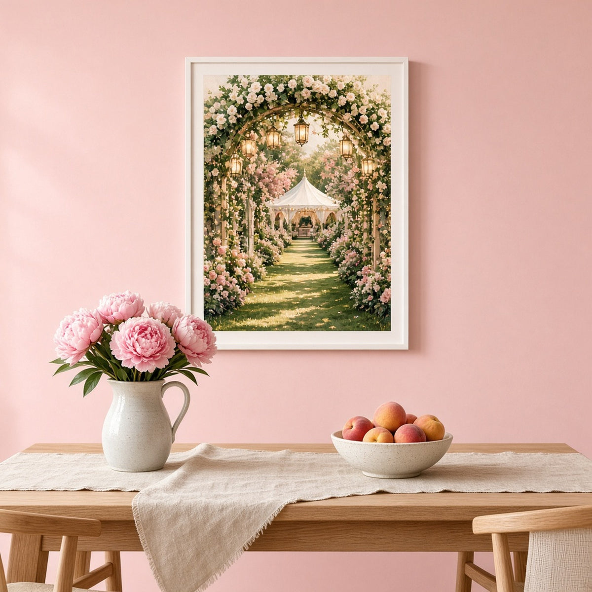 Luxury rose-covered garden arch hung with warm lanterns leading to a white celebration marquee at golden hour printed flat on a framed print in a dining room, made with prompt #41