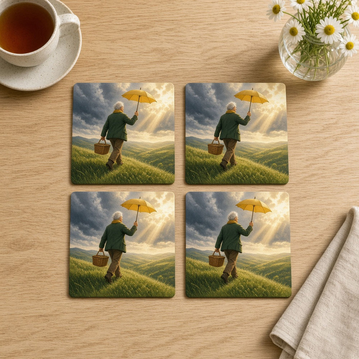 Illustrated silver-haired man with a yellow umbrella and picnic basket walking up a green hill as a storm cloud approaches printed flat on a set of four coasters, made with prompt #226