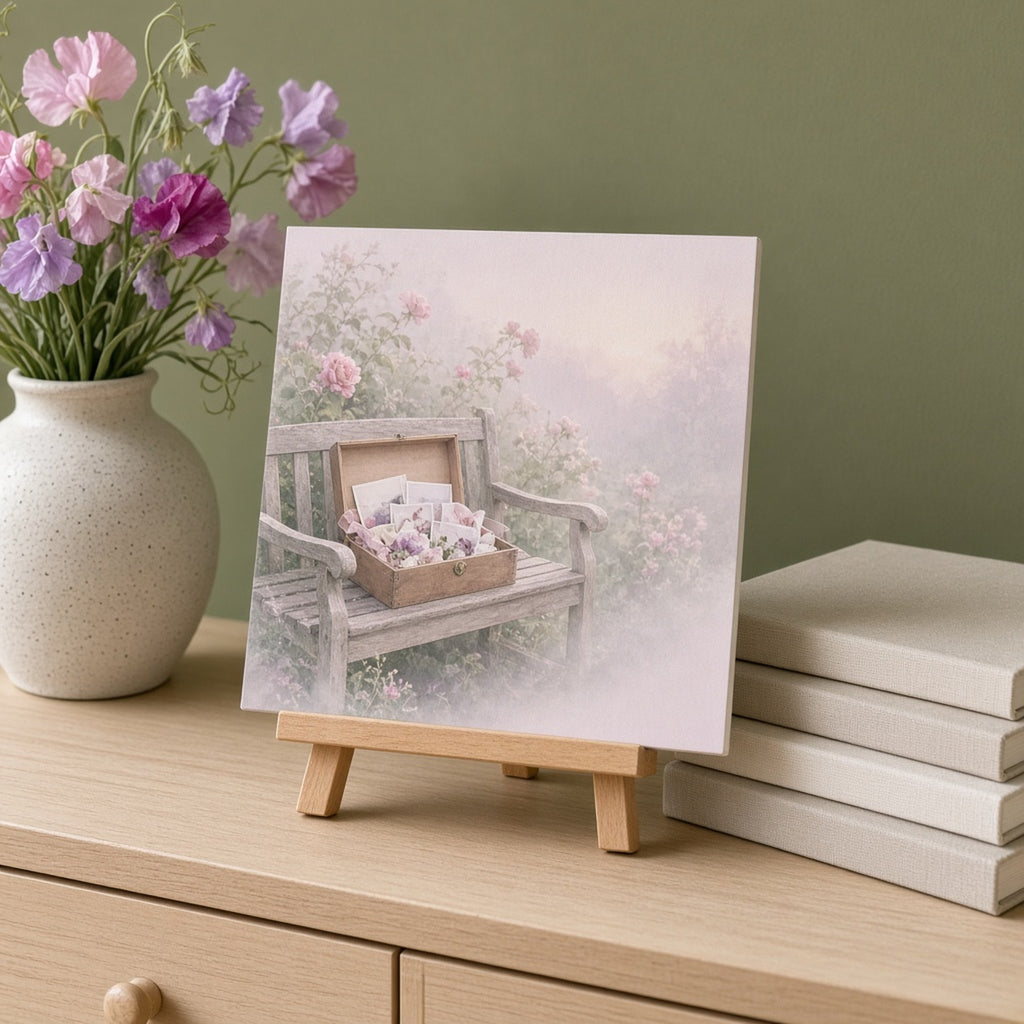 Misty dawn garden bench holding an open keepsake box of pressed flowers, ribbons and photographs printed flat on a ceramic tile, made with prompt #416