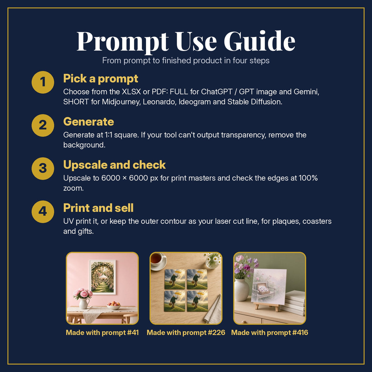 Prompt Use Guide for the Guest Books and Keepsakes Complete Library: pick a prompt, generate, upscale and check, print and sell, with sample products made with the pack's prompts