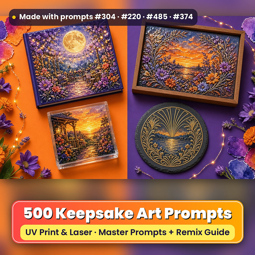 500 Keepsake Art Prompts Library: Made with prompts #304 · #220 · #485 · #374 – realistic UV-printed mockup