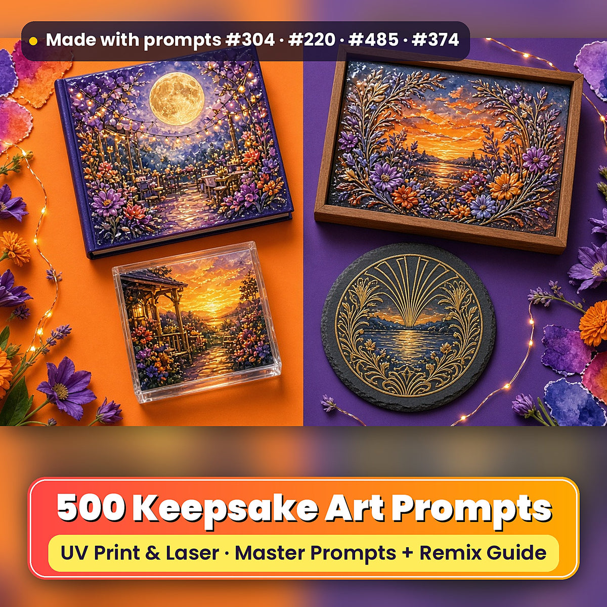 500 Keepsake Art Prompts Library: Made with prompts #304 · #220 · #485 · #374 – realistic UV-printed mockup