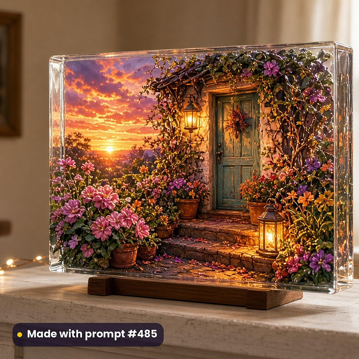 500 Keepsake Art Prompts Library: Made with prompt #485 – realistic UV-printed mockup (Flagship Bestseller — Golden Hour)