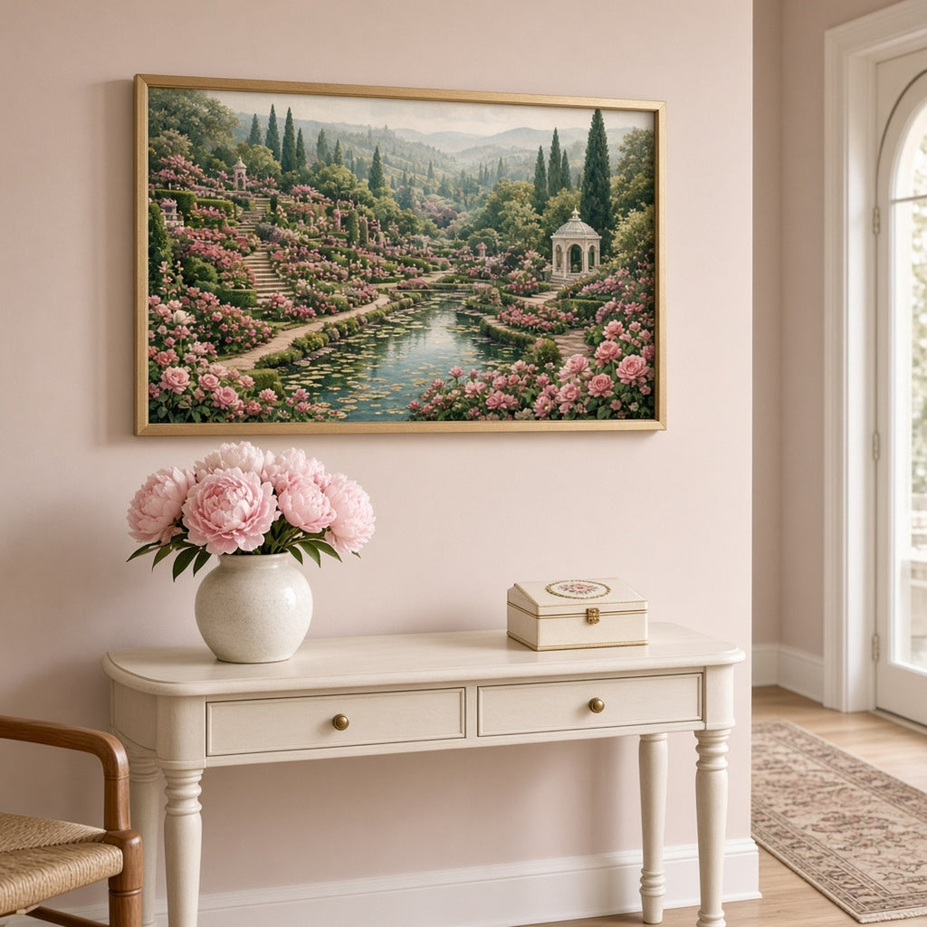 Jewel-toned panoramic rose garden with terraced beds, a lily pond, a white gazebo and winding gravel paths printed flat on a framed print in an entrance hall, made with prompt #9