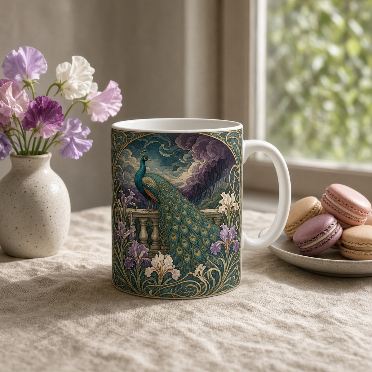 Art nouveau peacock on a stone balustrade as a storm approaches, framed by irises and lilies printed flat on a mug, made with prompt #46