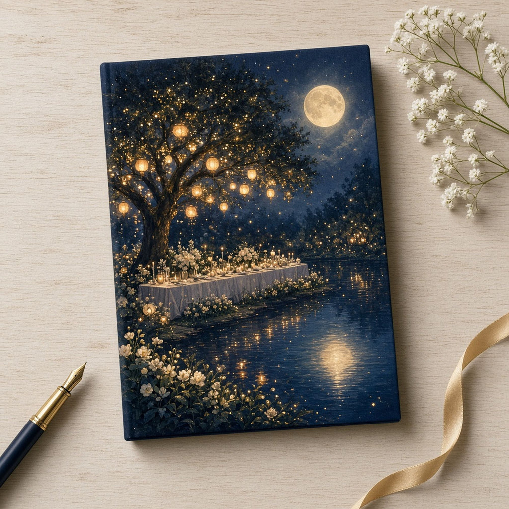 Moonlit lakeside garden table under a tree of glowing lanterns with candles and white flowers printed flat on a notebook cover, made with prompt #84