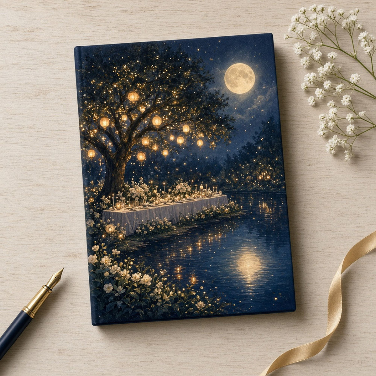 Moonlit lakeside garden table under a tree of glowing lanterns with candles and white flowers printed flat on a notebook cover, made with prompt #84