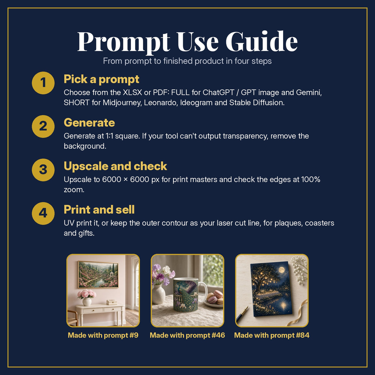 Prompt Use Guide for the Guest Books and Keepsakes, Luxury & Decorative Collection: pick a prompt, generate, upscale and check, print and sell, with sample products made with the pack's prompts