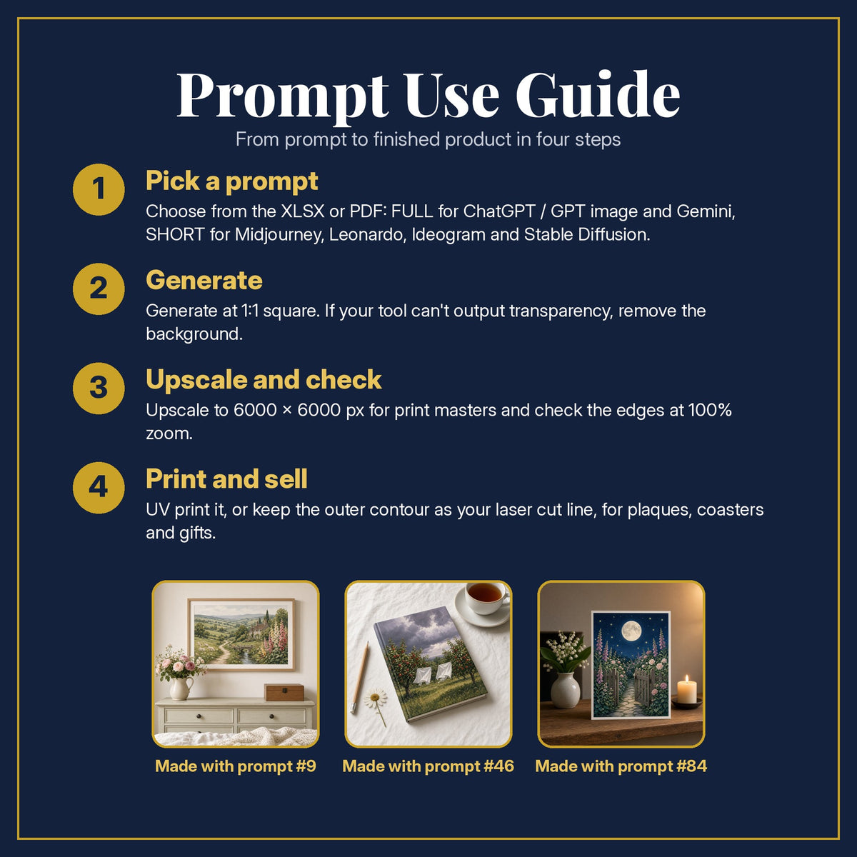 Prompt Use Guide for the Guest Books and Keepsakes, Painterly & Handmade Collection: pick a prompt, generate, upscale and check, print and sell, with sample products made with the pack's prompts