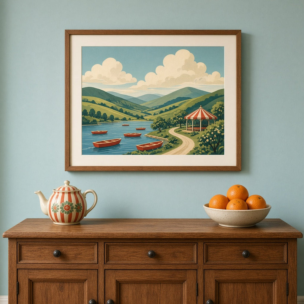 Retro poster-style panoramic lake valley with red rowing boats, a striped picnic pavilion and orchard hills printed flat on a framed print in a dining room, made with prompt #9