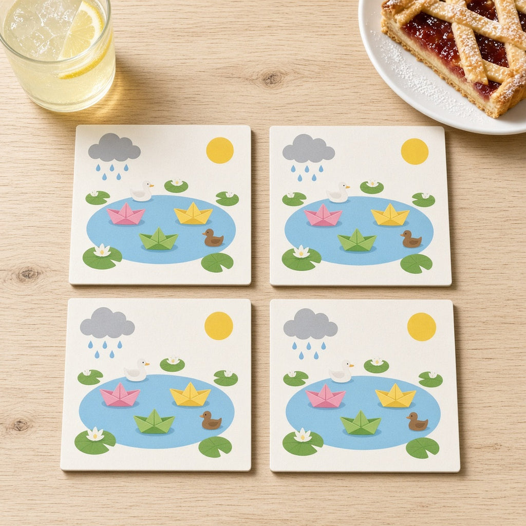 Playful paper boats on a lily pond with ducks between a little rain cloud and a bright sun printed flat on a set of four coasters, made with prompt #46