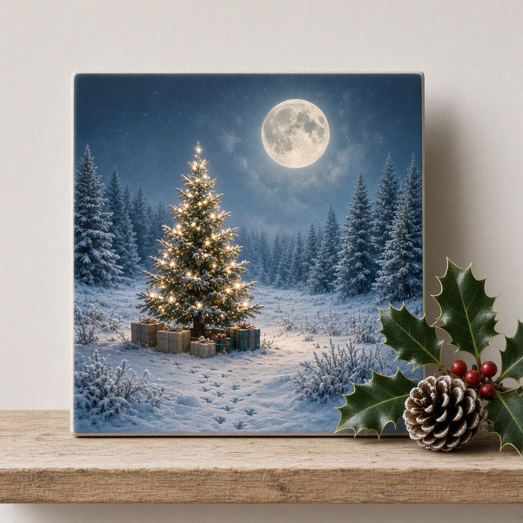 Moonlit snowy meadow with a glowing decorated fir tree, wrapped gifts and frosted forest printed flat on a ceramic tile, made with prompt #84